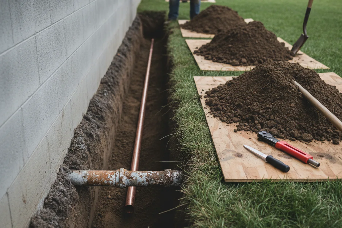 Excavated water line trench during Water Heater Repair in Bayonne